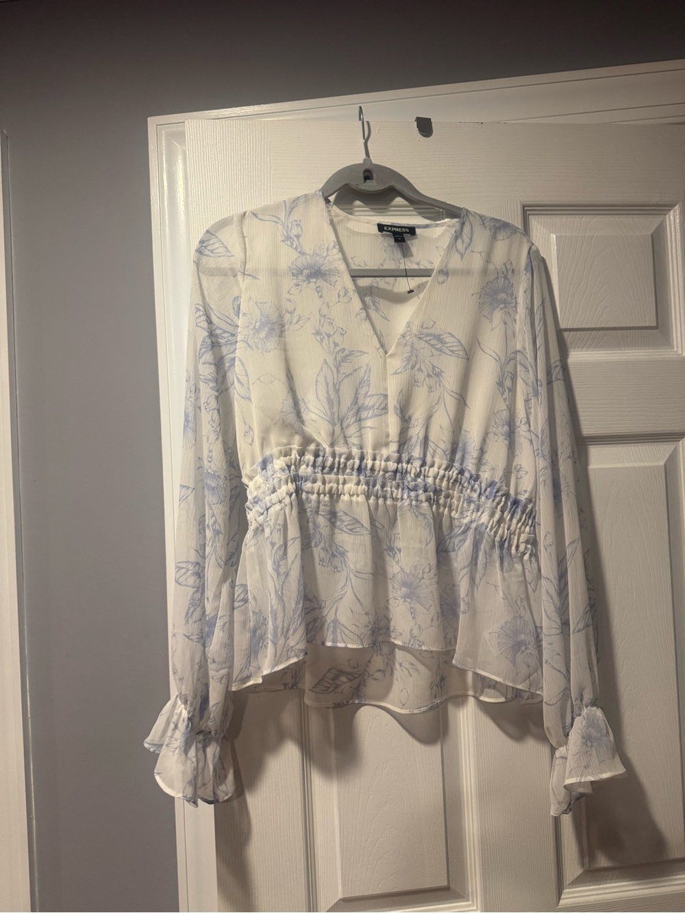 Express White Blouse with Light Blue Floral Print and Smocked Waist